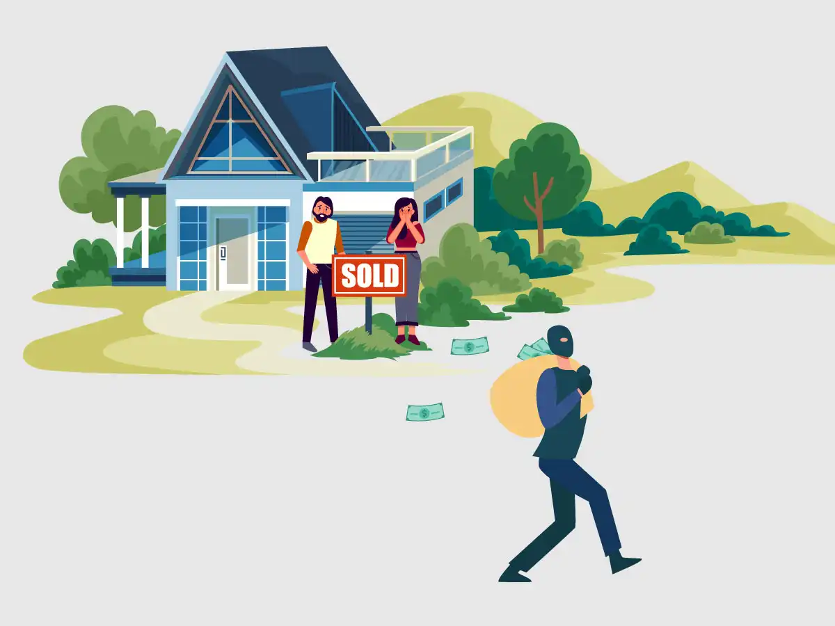 An illustration of crook walking away with a bag of cash while previous homeowners cry because their house was sold.
