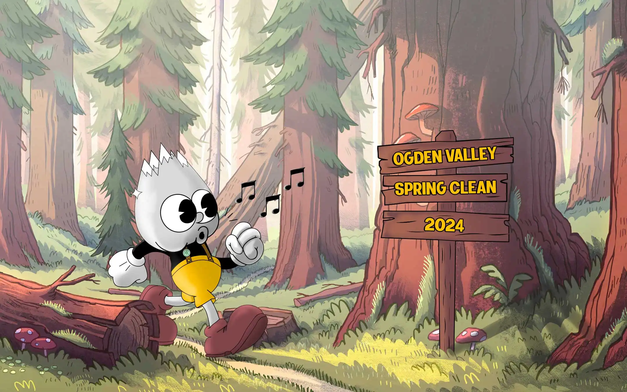 An illustration of a whistling mountain walking past a sign that reads, "Ogden Valley Spring Clean 2024".