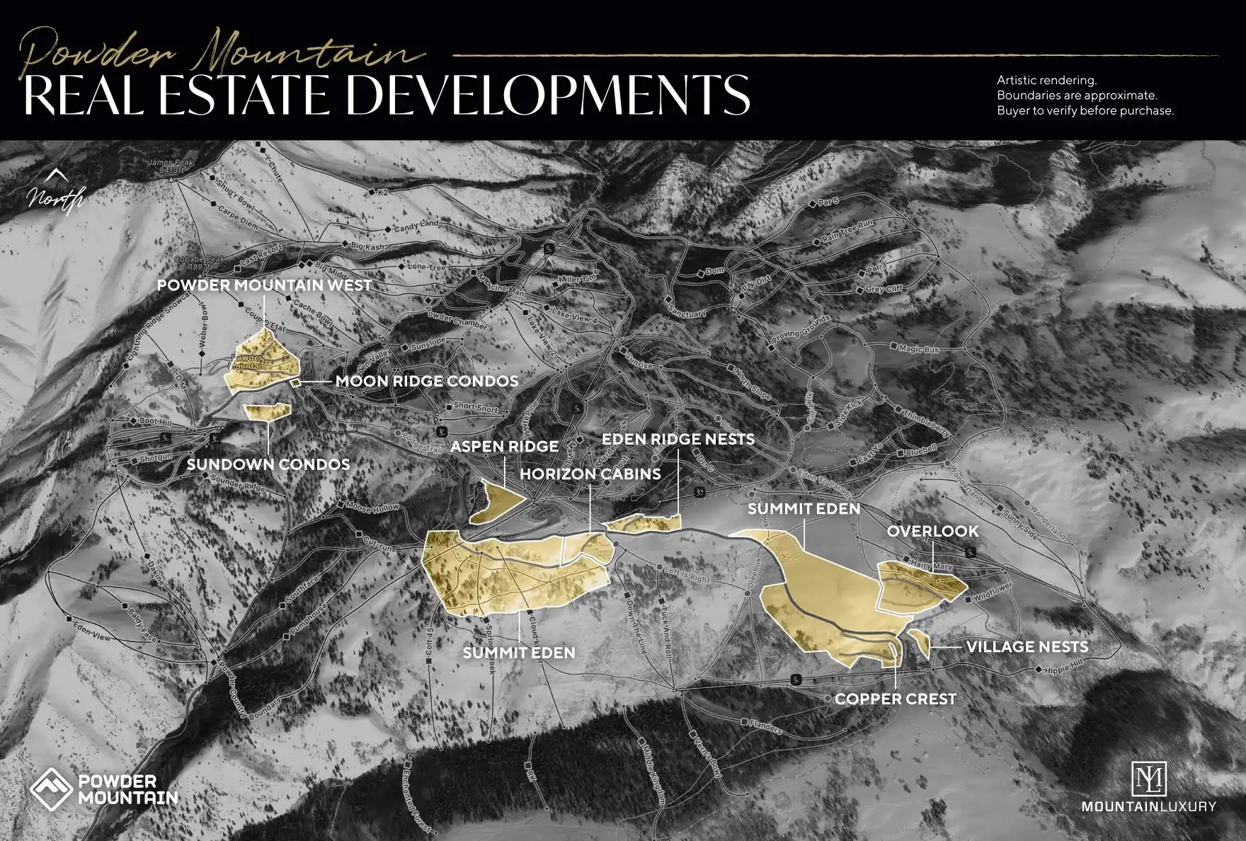 Artistic rendering of Powder Mountain's real estate developments and their locations on the mountain.