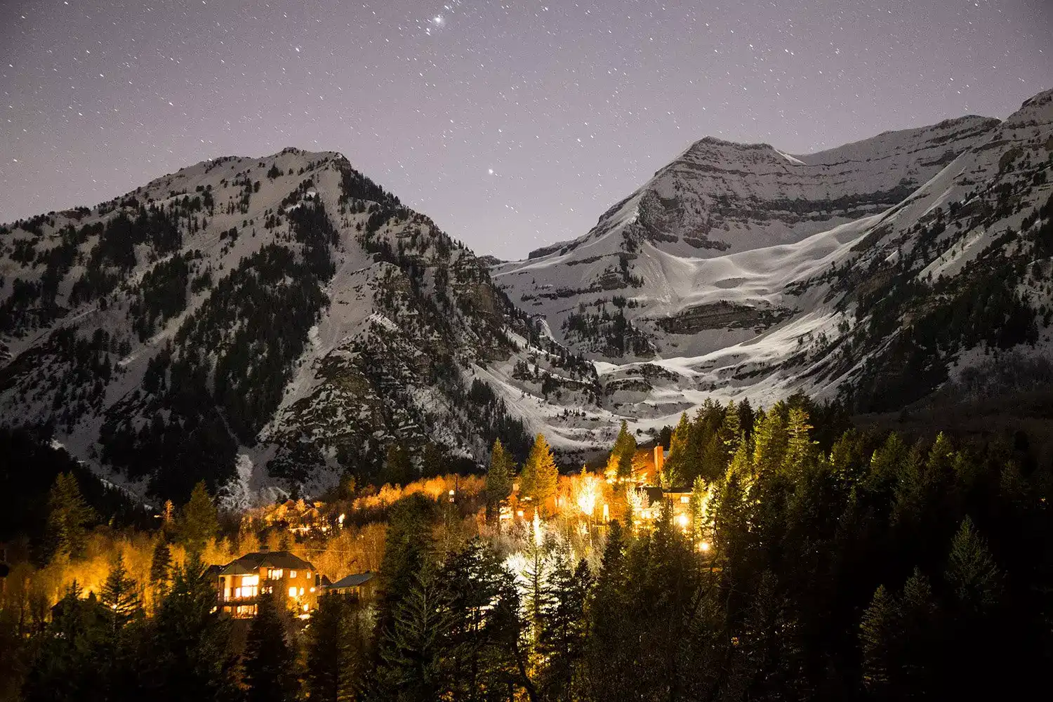 Sundance Mountain Resort at Night with Stars and a Village Glow