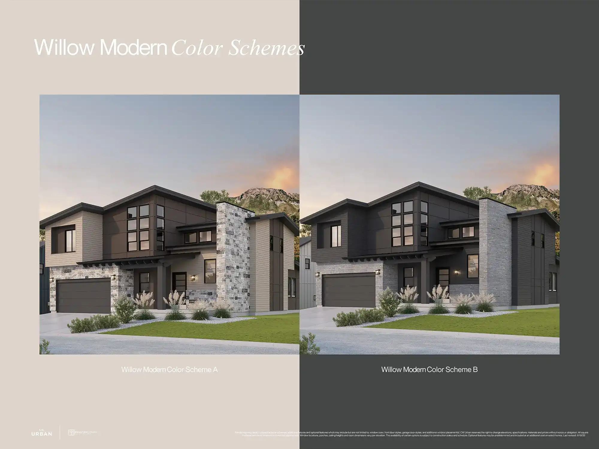 Exterior rendering of the color options for theBasin's, Willow, modern floor plan.