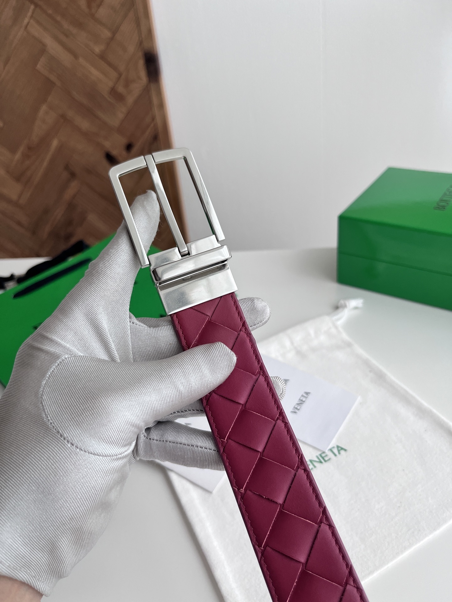 Premium Leather Belt - Woven Design - Burgundy