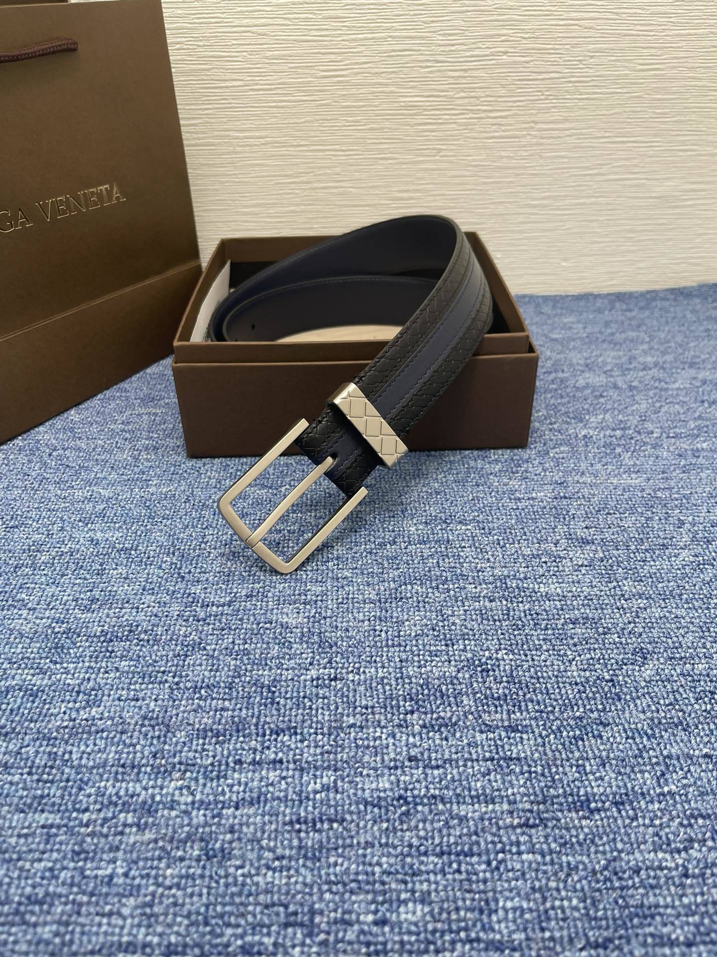 Bottega Veneta Navy Blue Premium Leather Belt
