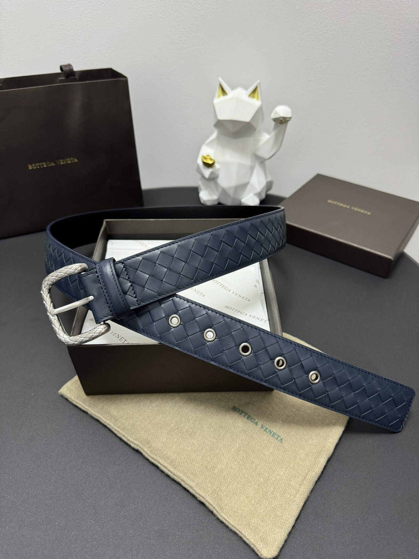 Bottega Veneta Premium Woven Leather Belt - Navy Blue