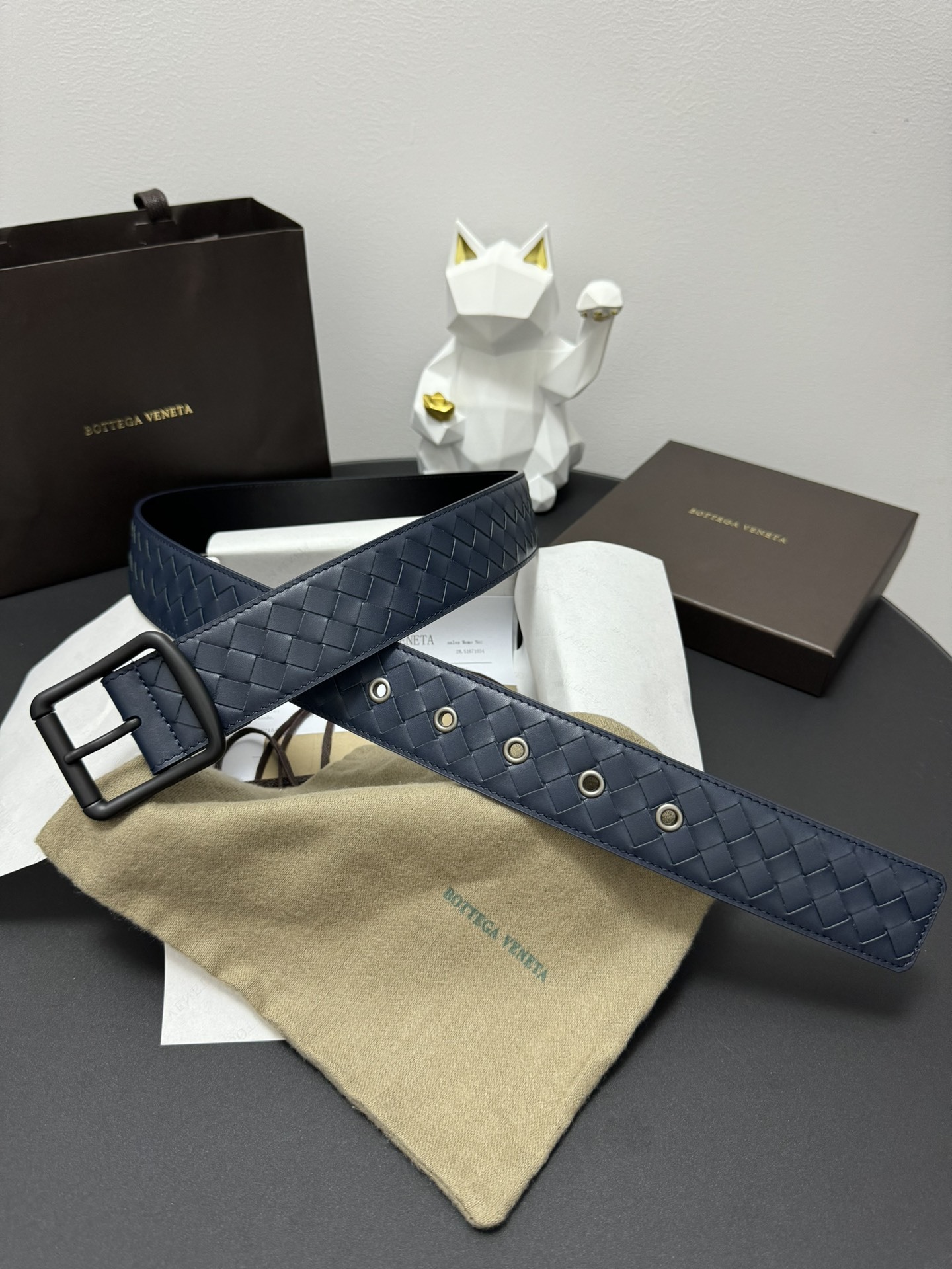 Bottega Veneta Premium Woven Leather Belt - Navy Blue