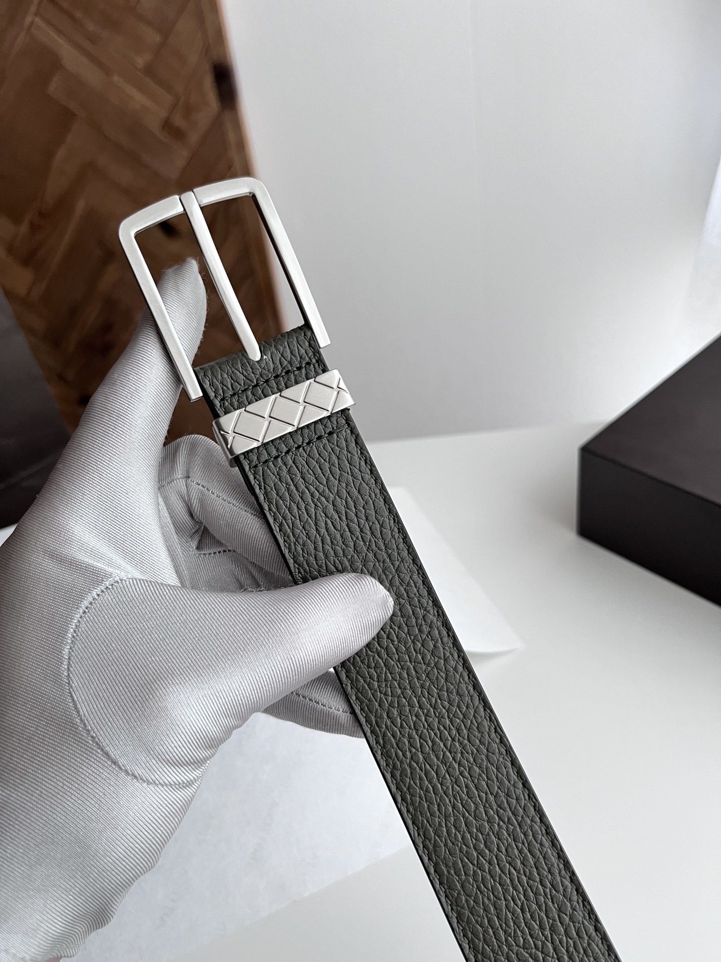 Premium Leather Belt - Olive Green, Woven Detail