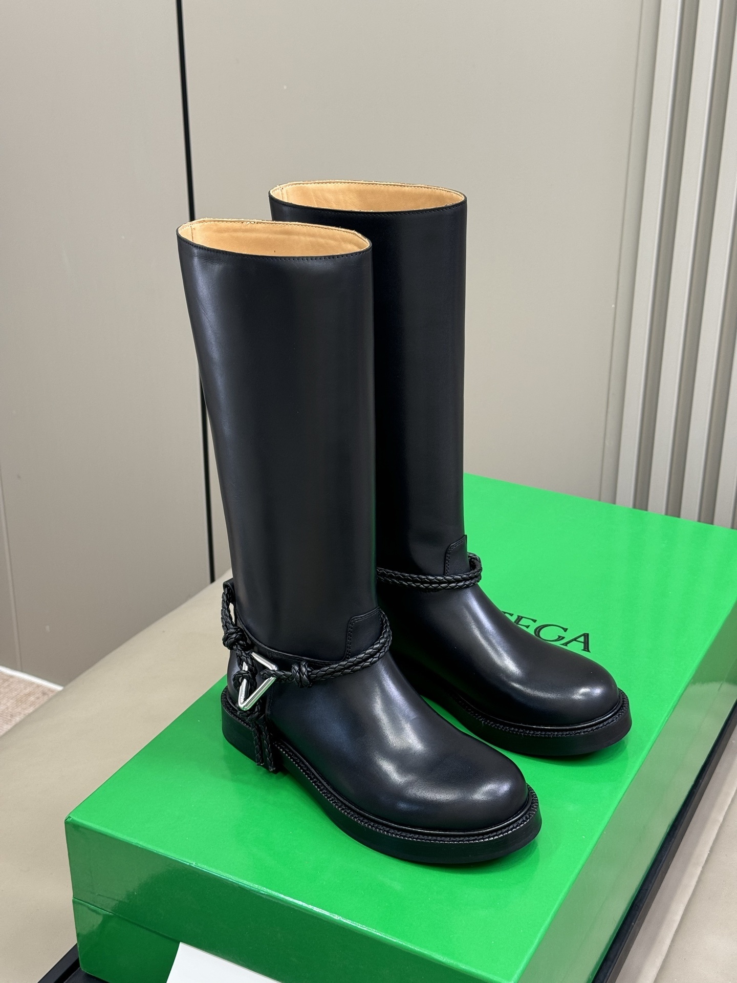 Bottega Veneta Black Leather Knee-High Boots - Braided Detail