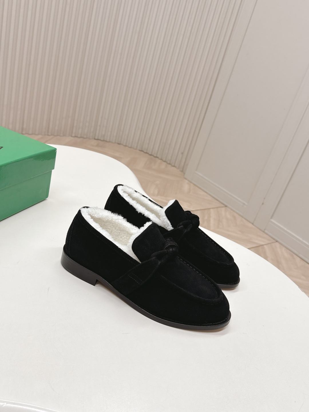 Bottega Veneta Black Suede Fur Lined Loafers