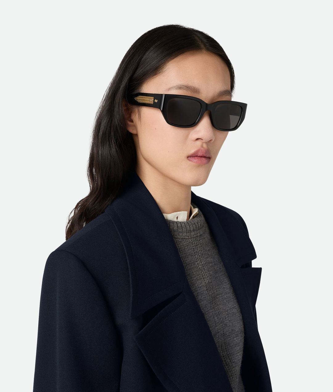 gold detail Bottega Veneta Black Rectangular Sunglasses – Bottega