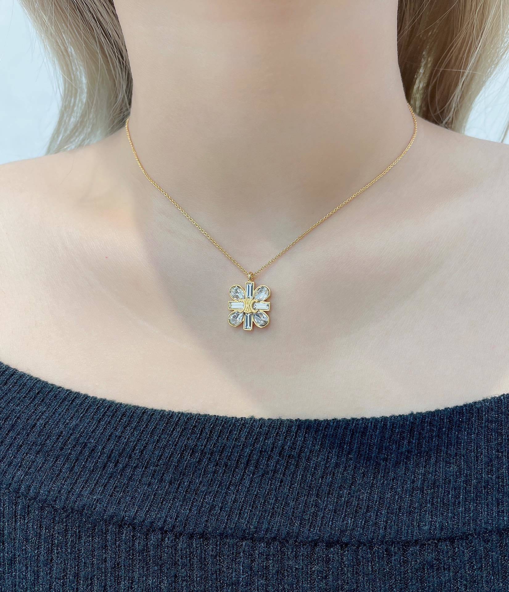 Celine Gold Flower Pendant Necklace – Crystal Accent