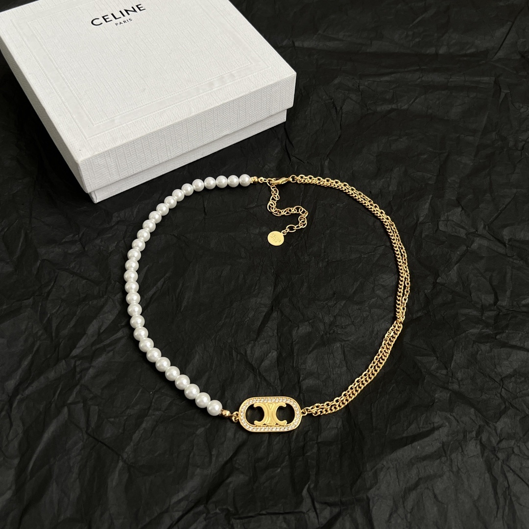 Celine Pearl Gold Necklace chain – Celine Pearl & Gold Chain Necklace