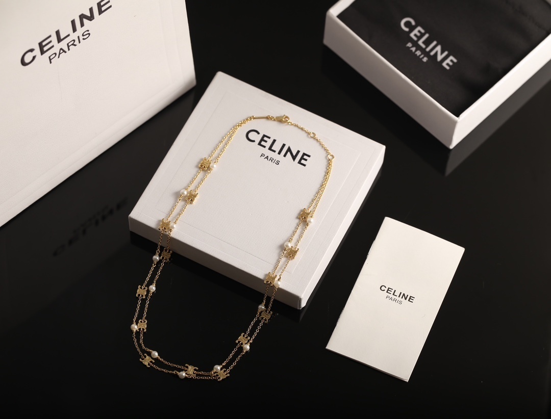 Celine Gold Pearl Necklace chain – Celine Gold Pearl Chain Necklace