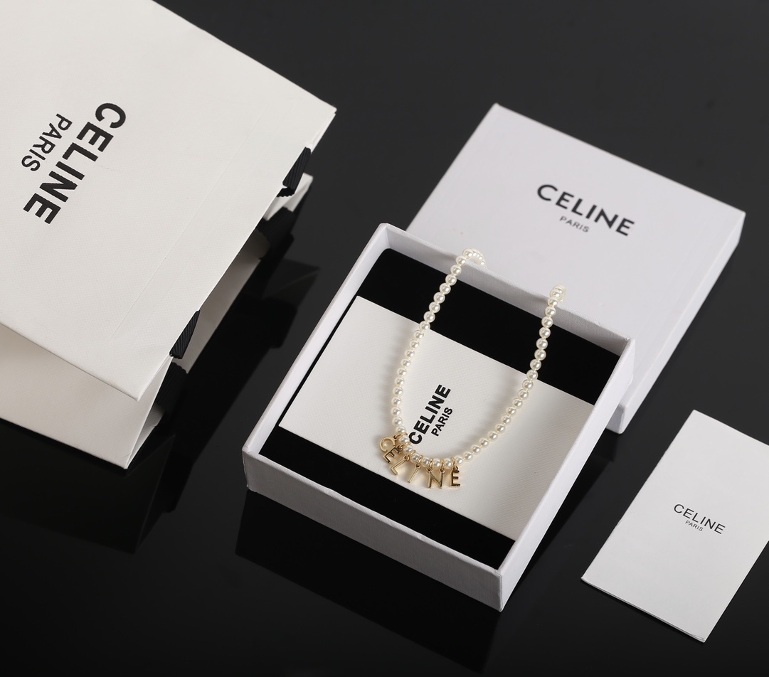 Celine Gold Letter Pearl Necklace – Elegant Design