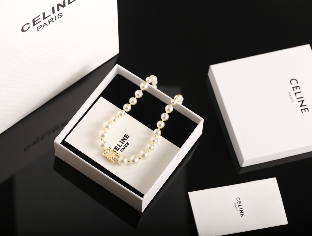 Celine Gold Logo Pearl Necklace – Elegant Design