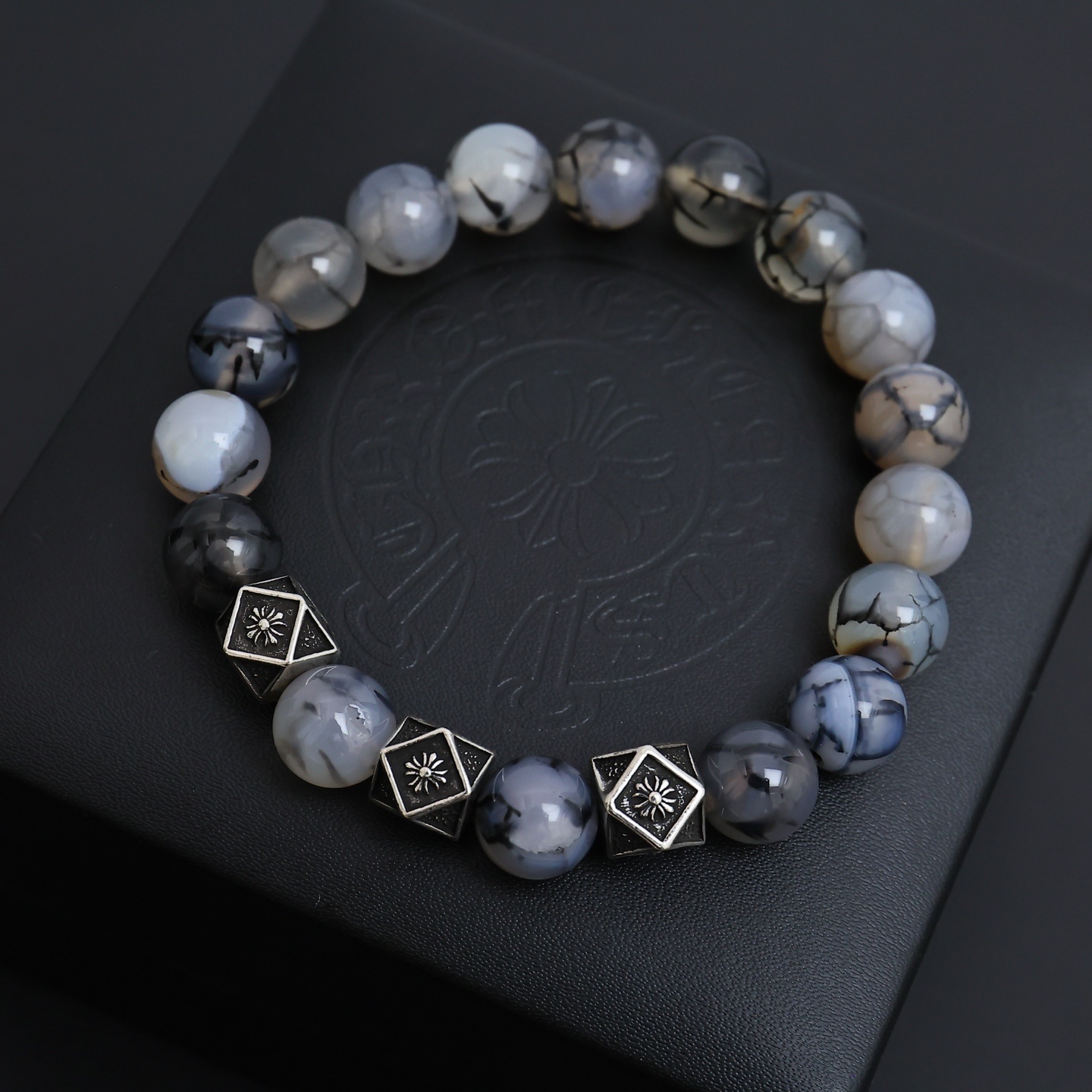 Premium Dragon Vein Agate Bracelet – Sterling Silver Accents