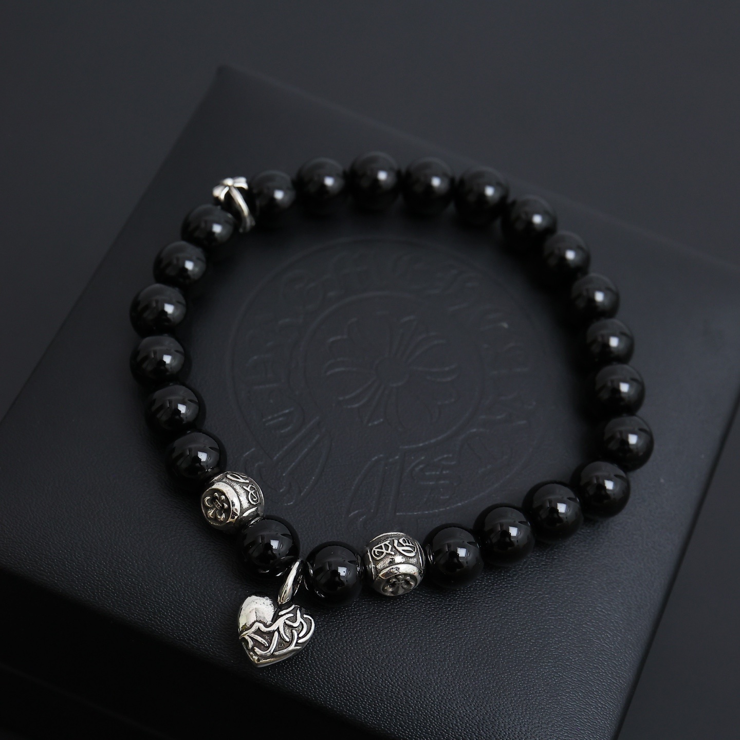 Chrome Hearts Black Onyx Beaded Bracelet – Silver Heart