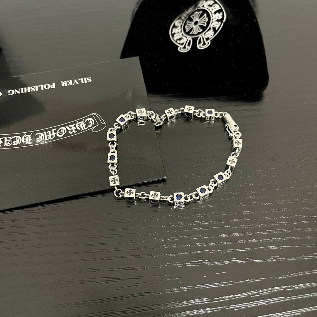 Chrome Hearts Silver Blue Stone Bracelet – Cube Chain
