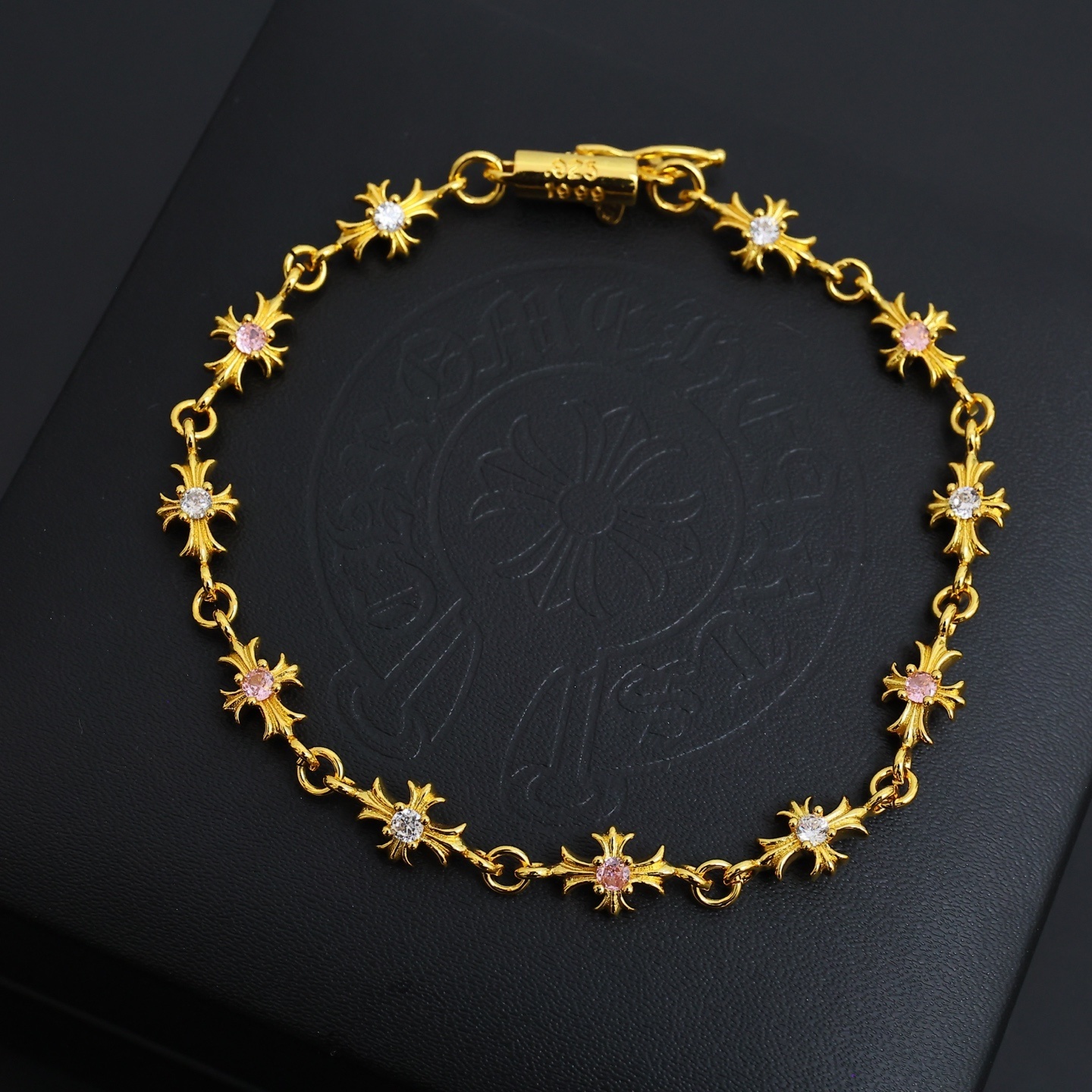 Chrome Hearts Gold Cross Bracelet Pink & White Diamonds