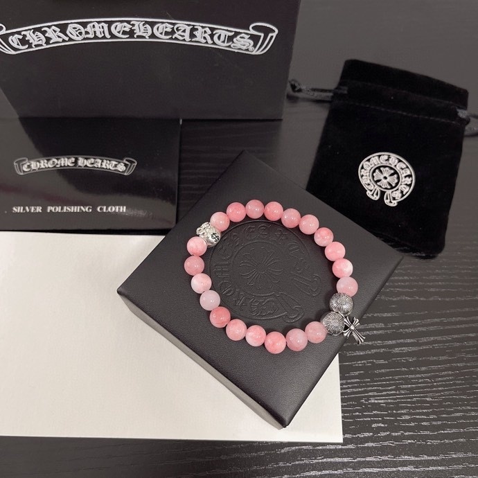 Chrome Hearts Pink Opal Bead Bracelet – Sterling Silver Accents