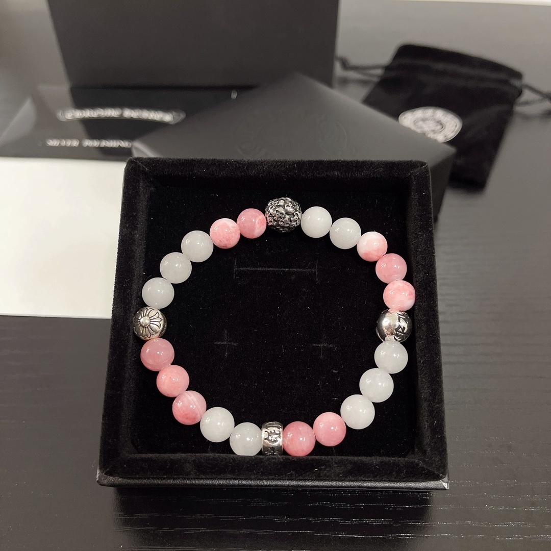 Premium Pink & White Beaded Bracelet – Sterling Silver Accents