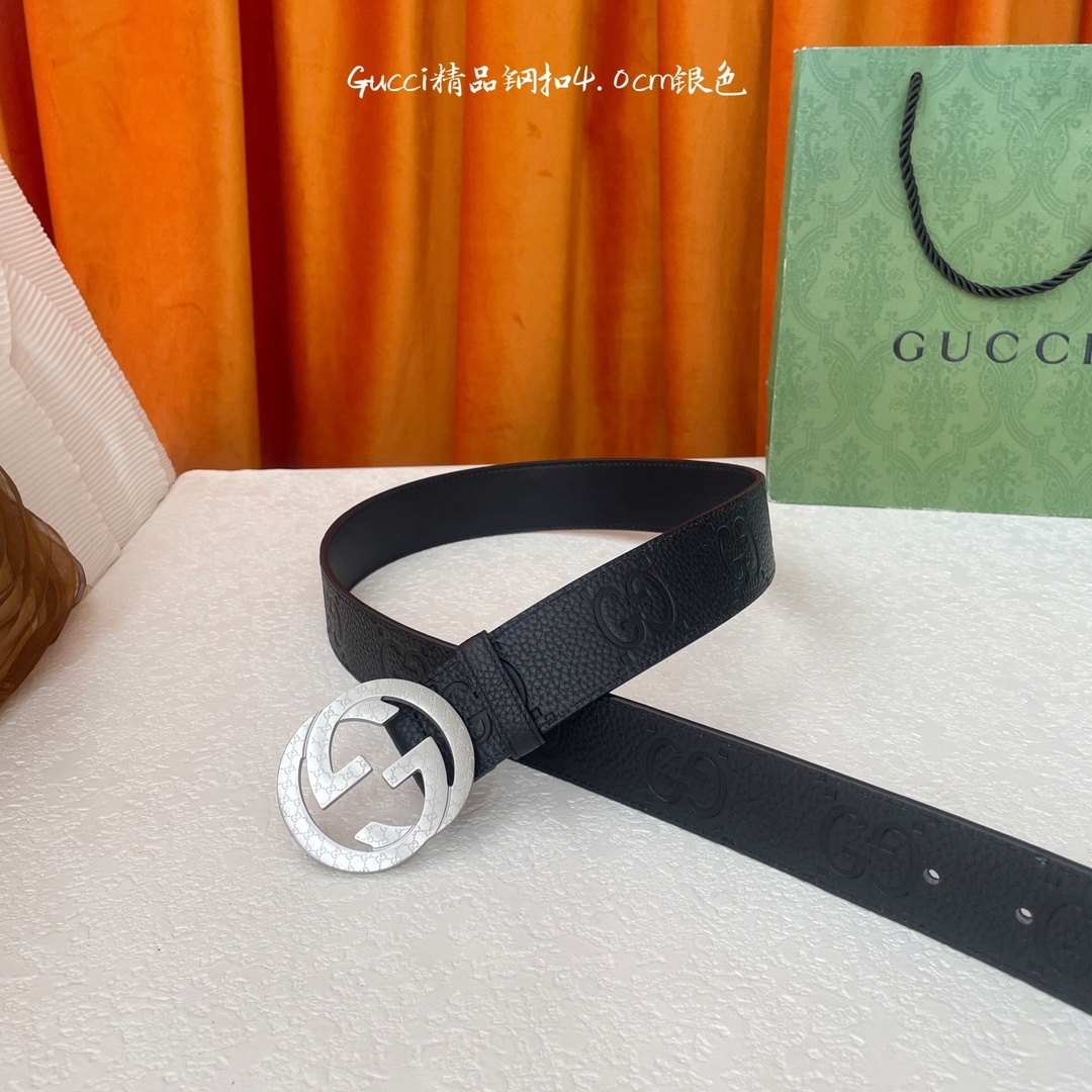 Gucci Premium Leather Belt - Silver Buckle, 4.0cm Width