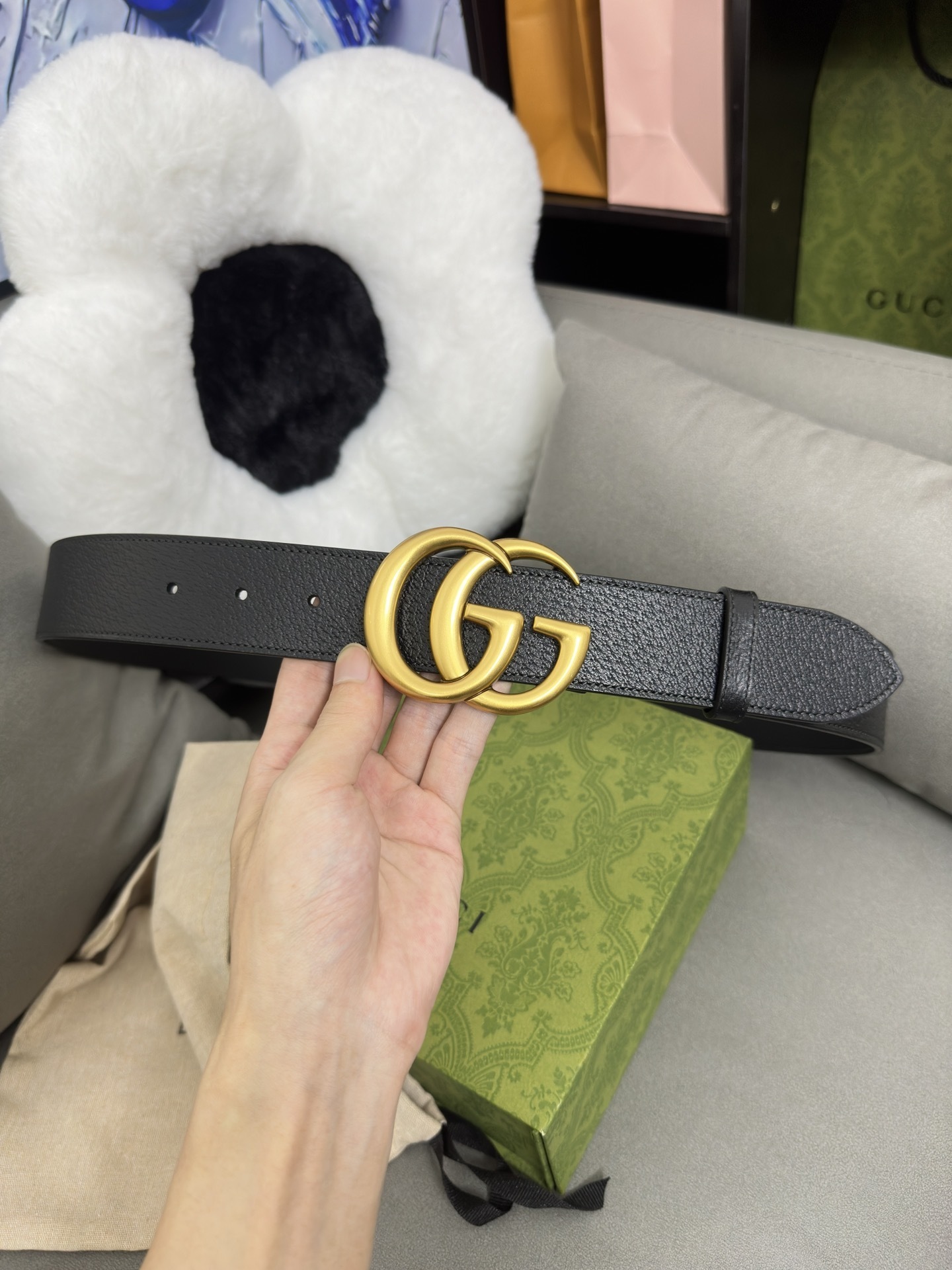 Luxury Black Leather Belt with Gold GG Buckle