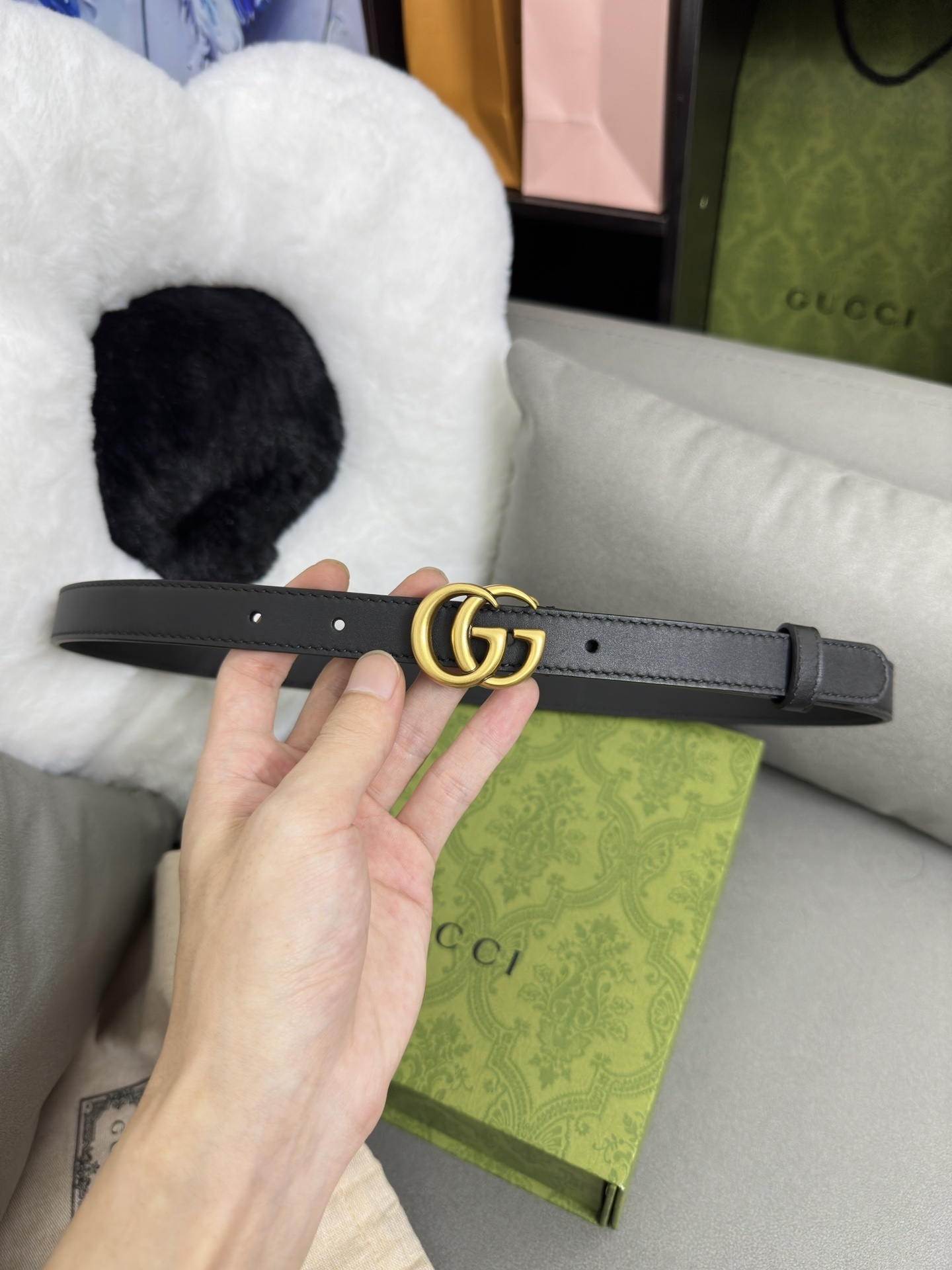 Gucci Marmont Leather Belt - Black Gold Double G Accessory