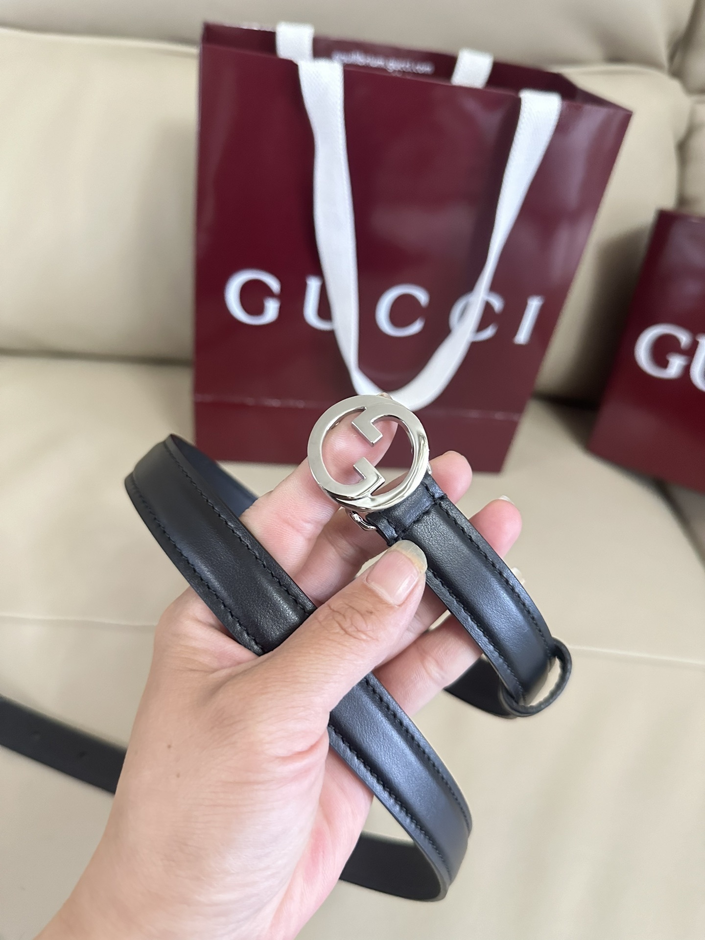 Gucci Premium Leather Belt with Silver Buckle