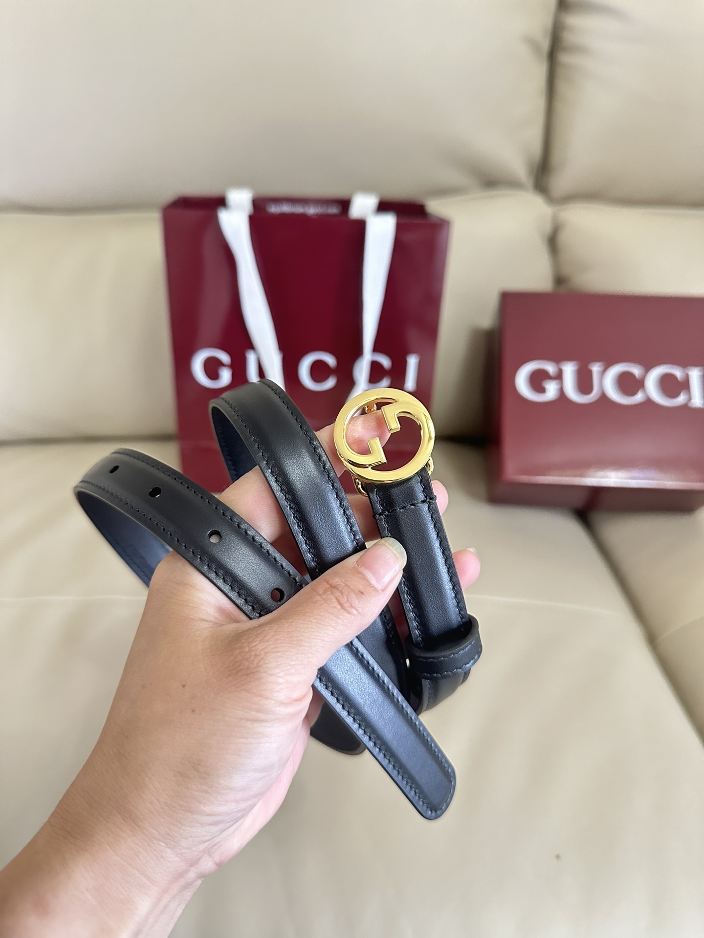 Gucci Signature Leather Belt with Gold Buckle