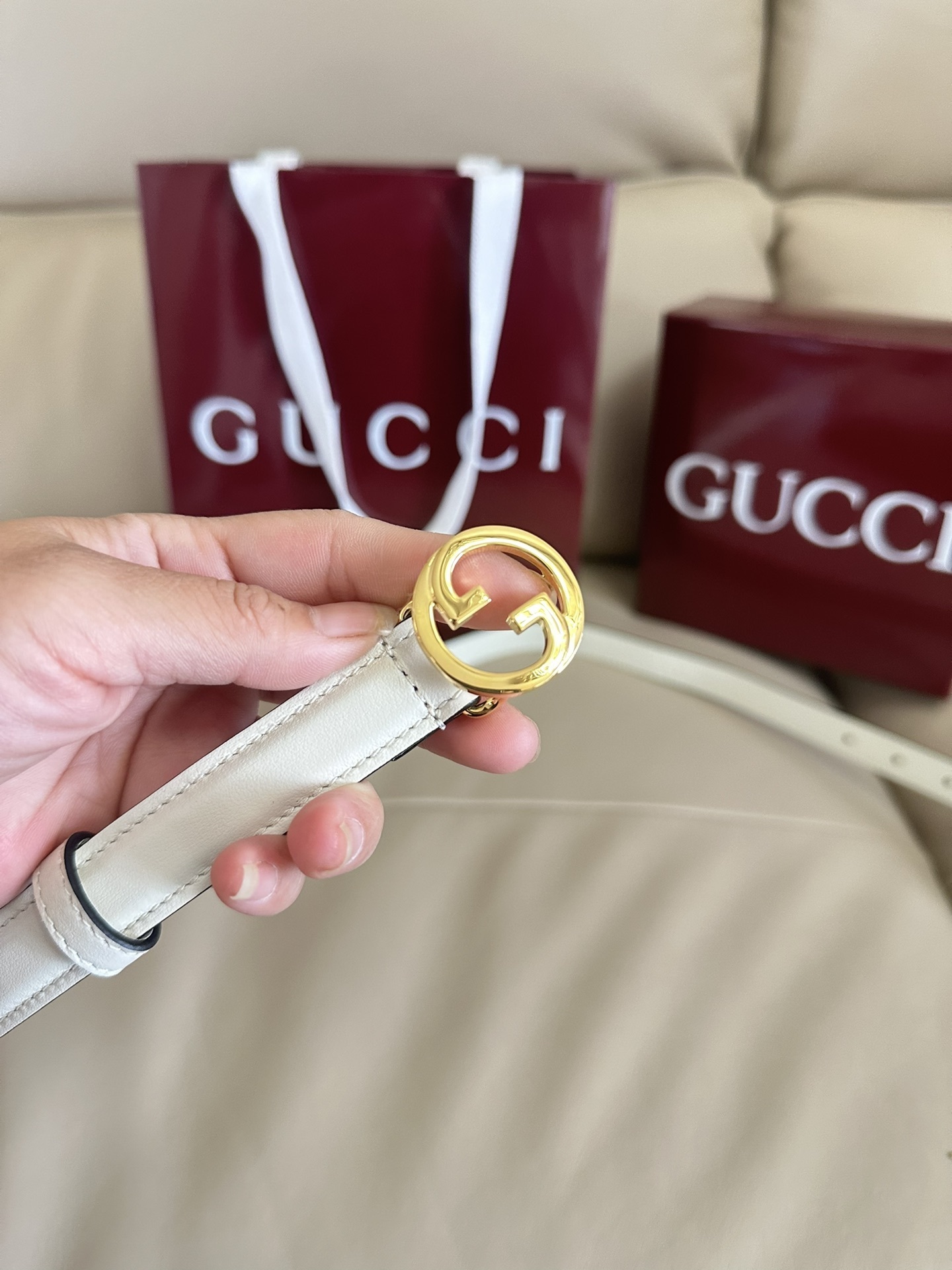 Elegant White Leather Belt with Gold Buckle