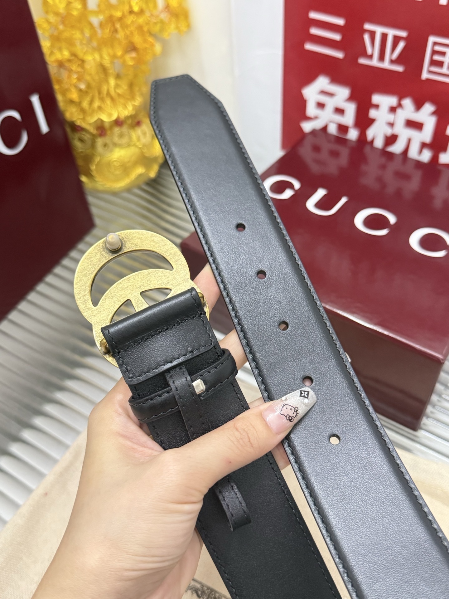 Premium Black Leather Belt with Gold Double G Buckle