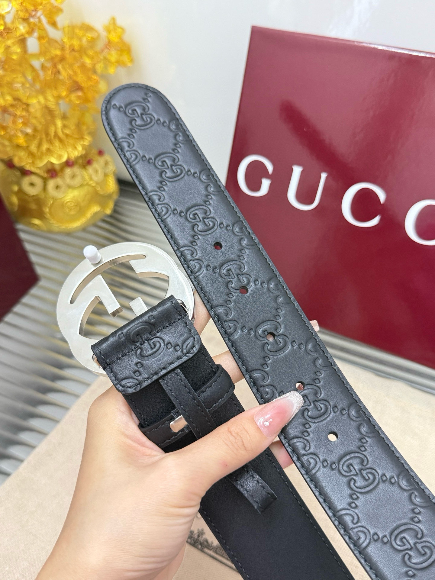 Gucci Embossed Leather Belt with Silver GG Buckle