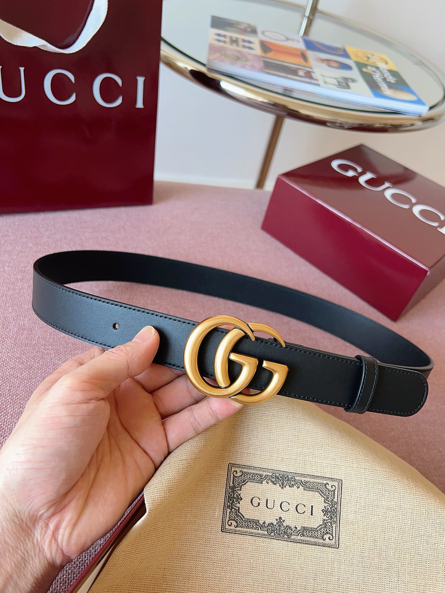 Gucci Premium Leather Belt with Gold GG Buckle