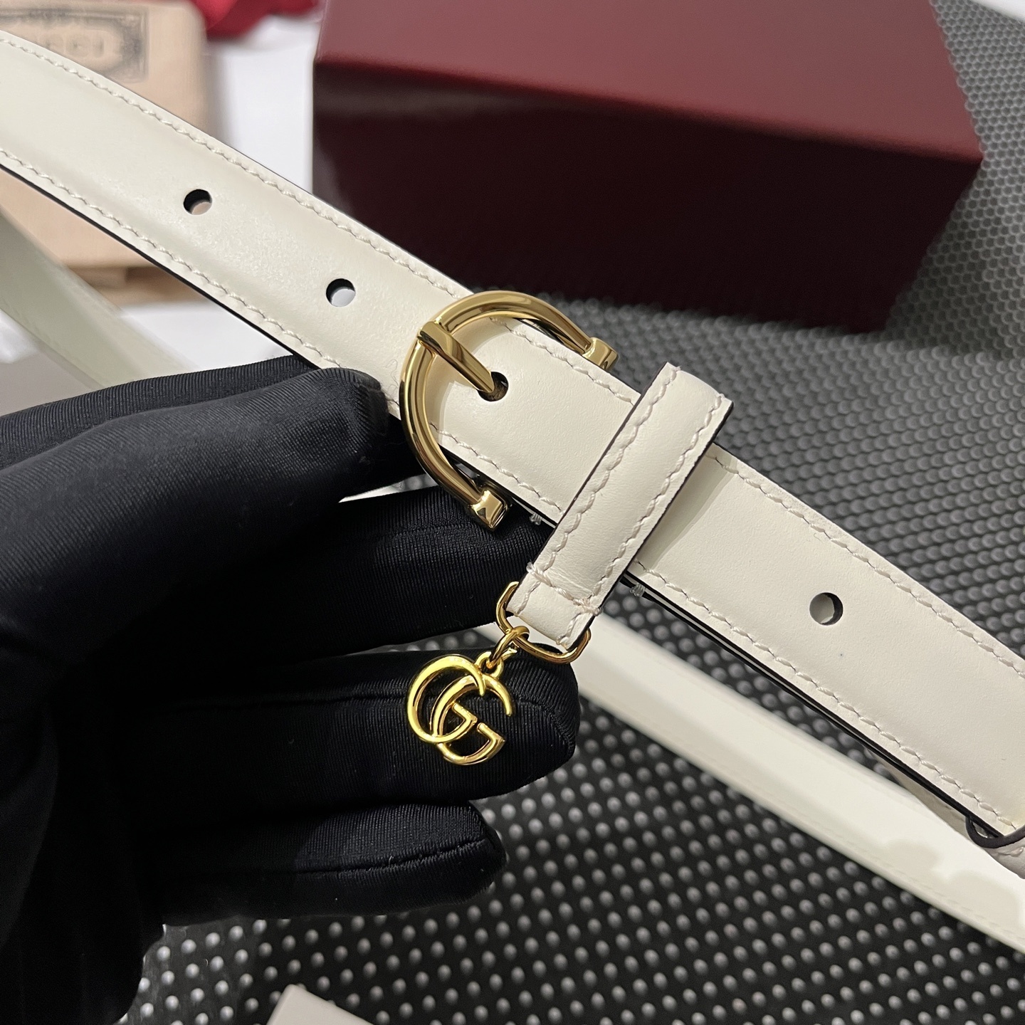 Gucci White Leather Belt with Gold GG Charm | Slim & Chic