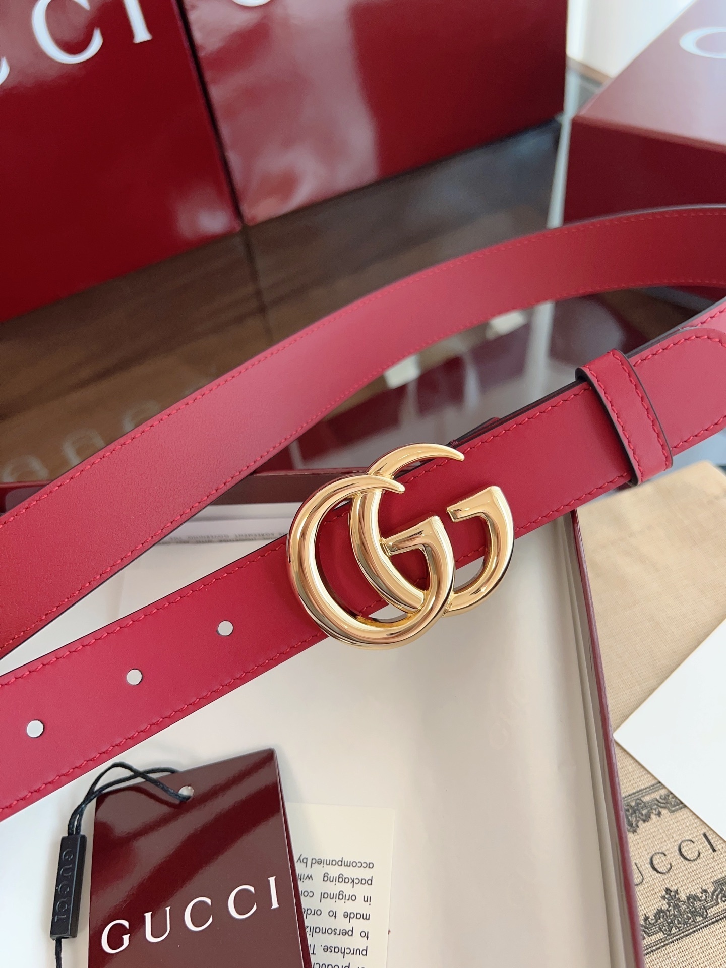 Gucci Inspired Red Leather Belt with Gold GG Buckle