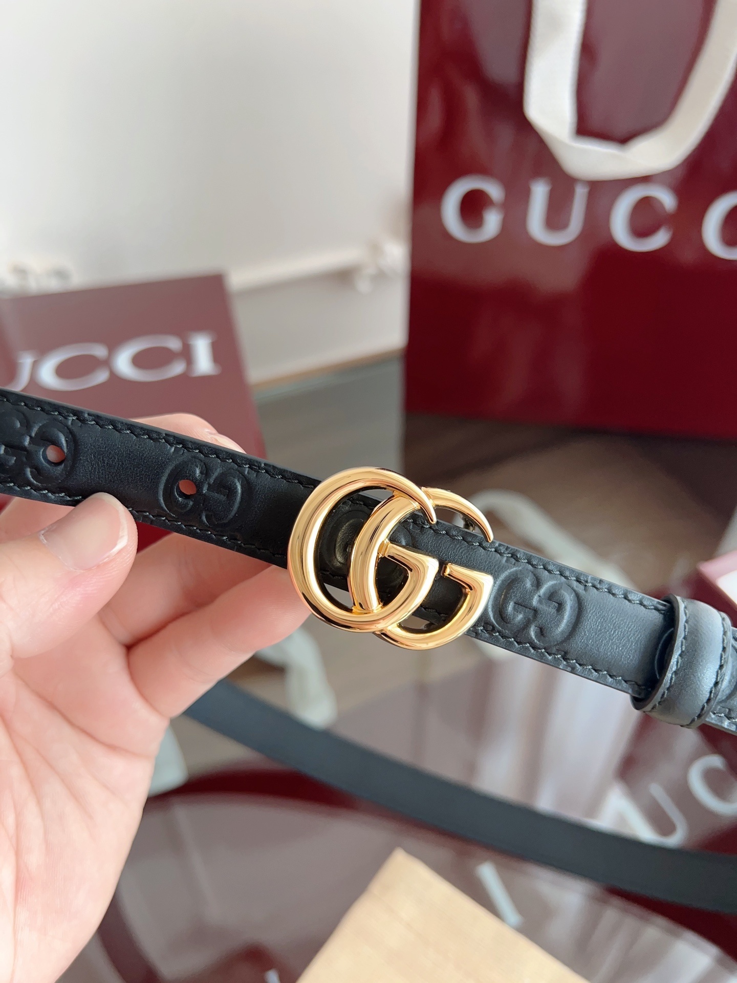 Premium Black Leather Belt with Gold GG Buckle