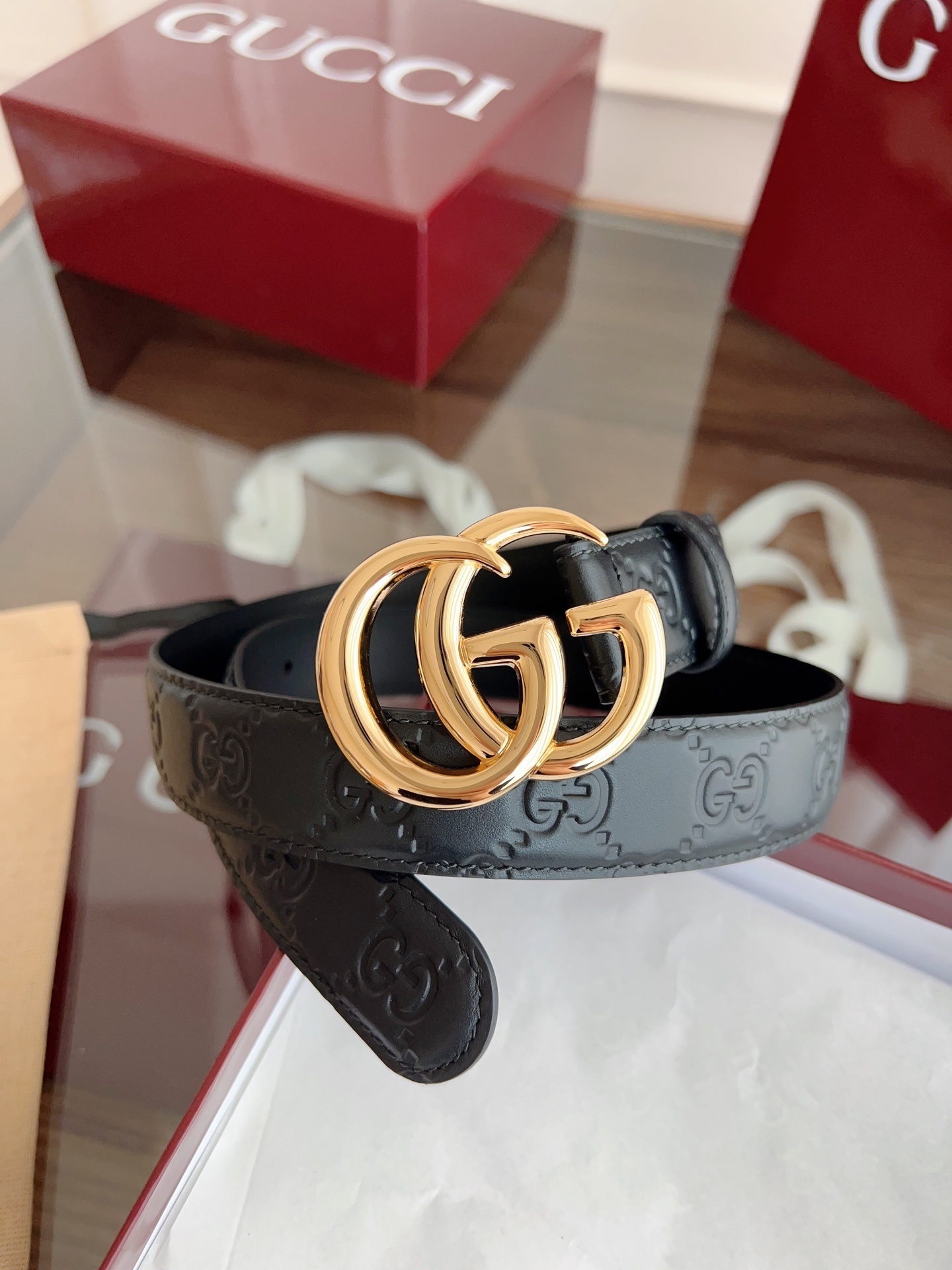 Gucci Premium Black Leather Belt with Gold GG Buckle