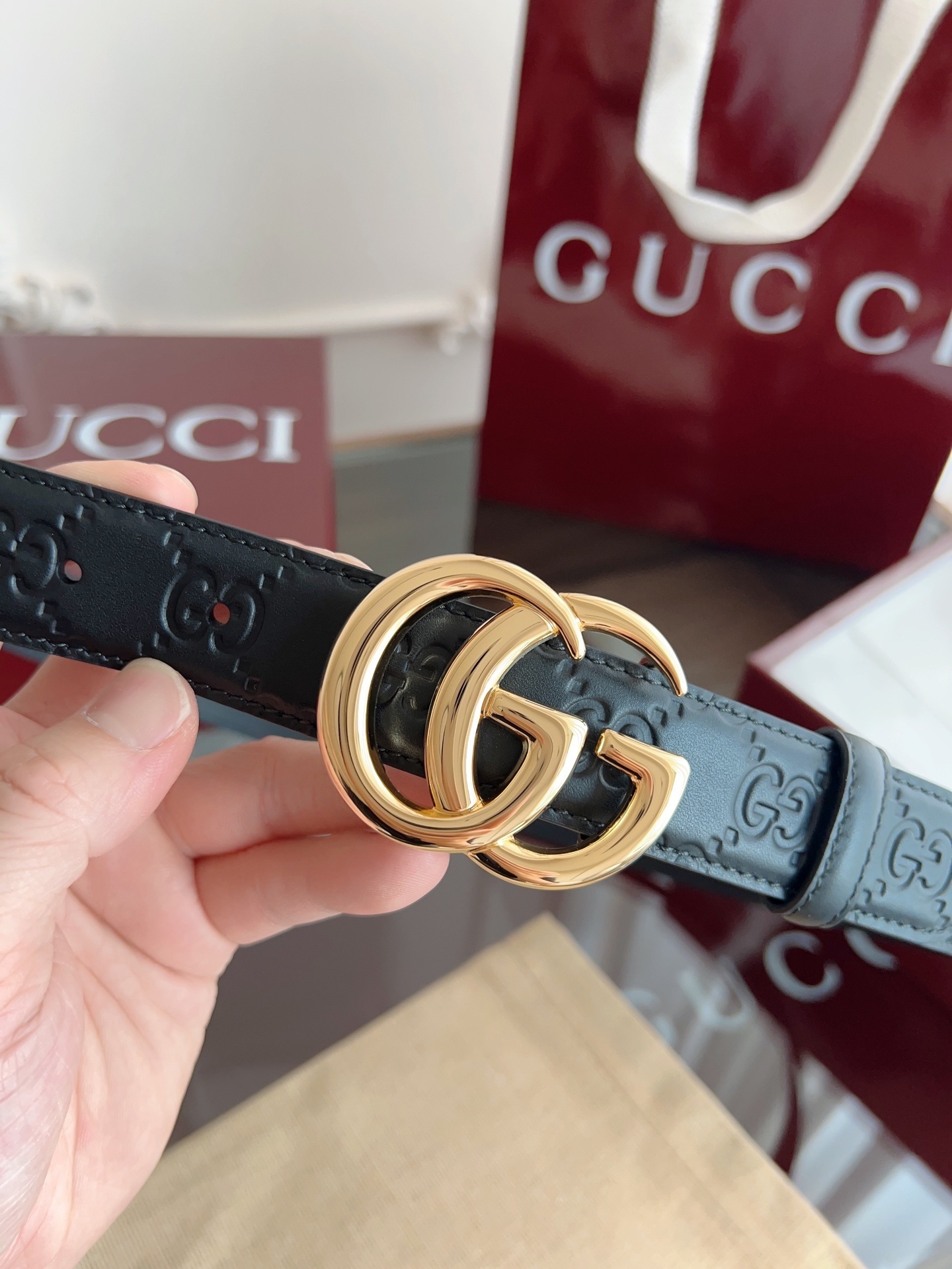 Gucci Inspired Black Leather Belt with Gold GG Buckle