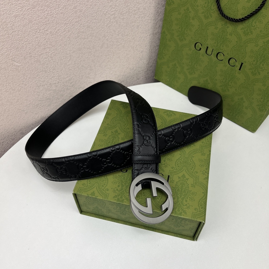 Gucci Black GG Leather Belt with Interlocking G Buckle
