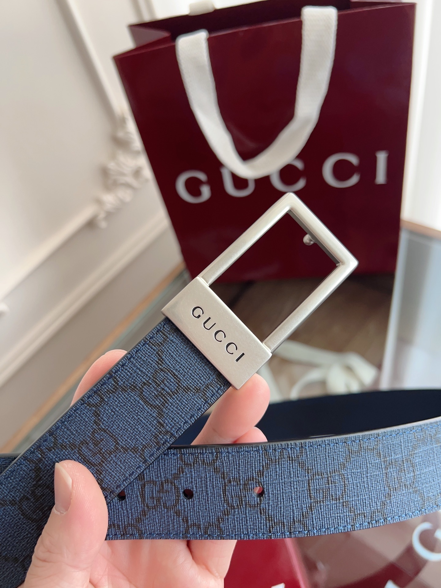 Gucci Premium Leather Belt - Blue GG Pattern