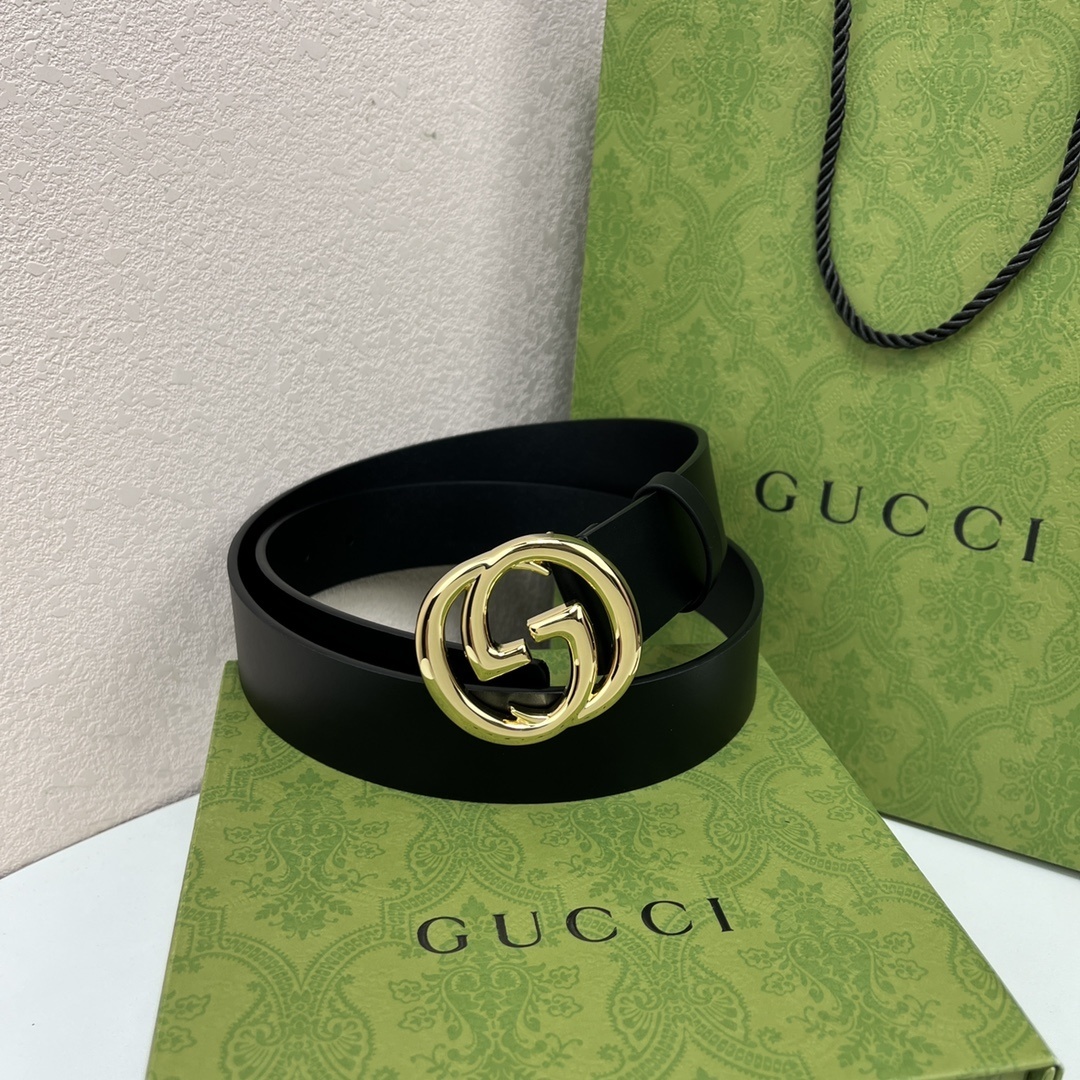 Premium Black Leather Belt with Gold GG Buckle
