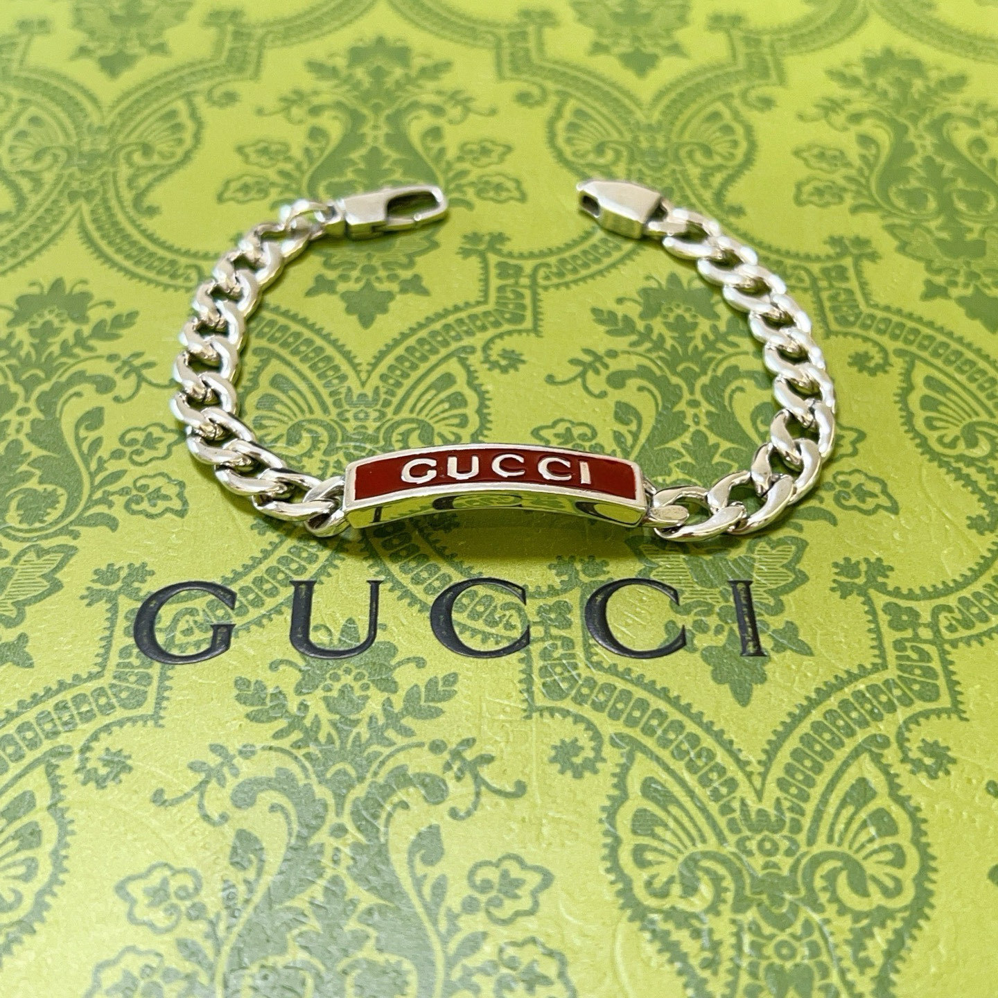 Gucci Enamel Logo Silver Chain Bracelet