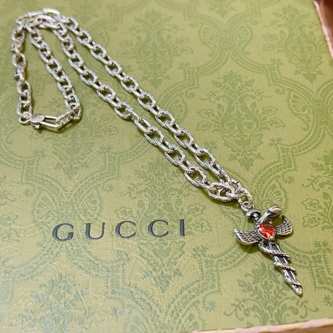 red crystal Gucci Silver Snake Caduceus Necklace – Gucci Silver Snake