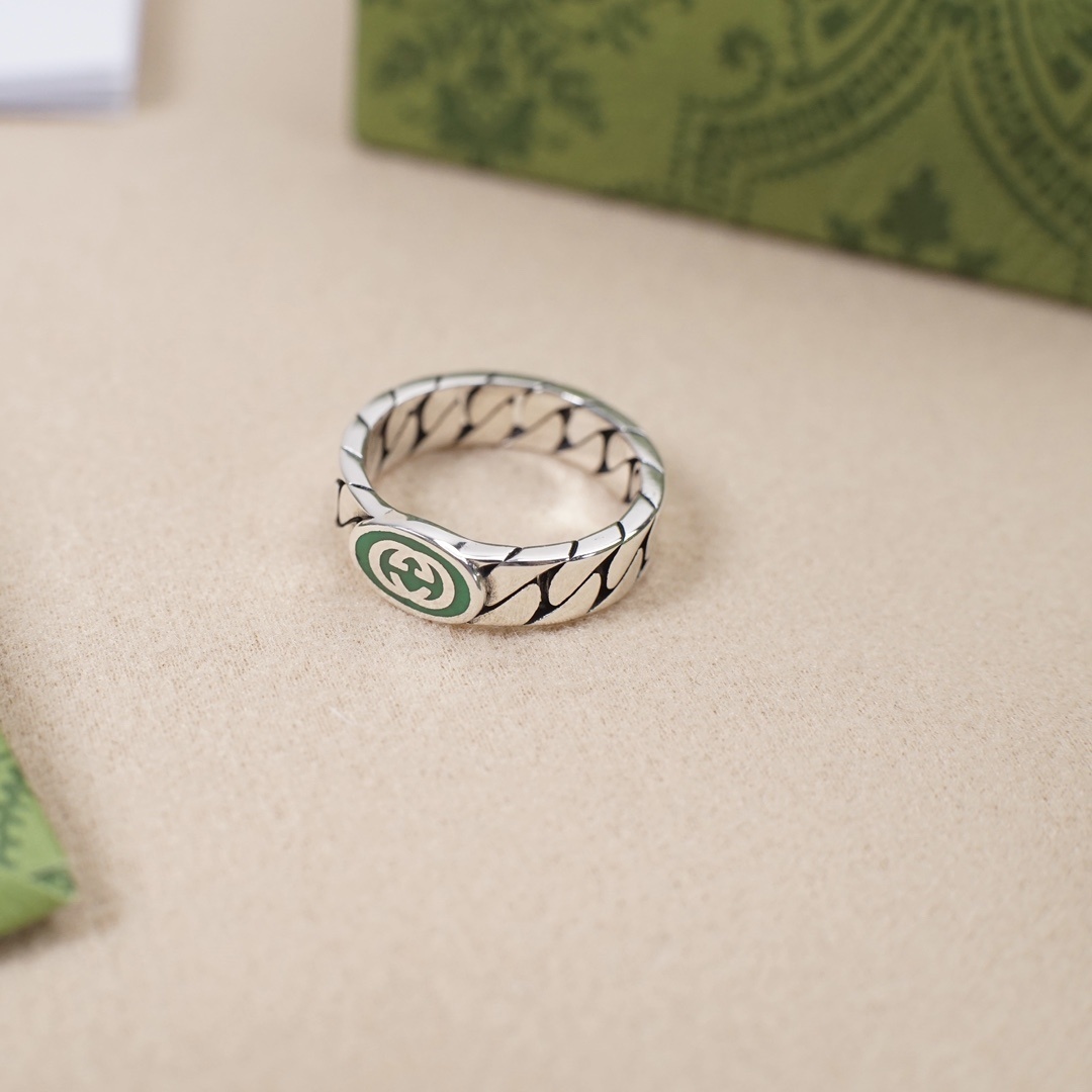 Gucci Silver Ring Green Enamel – Interlocking G Design