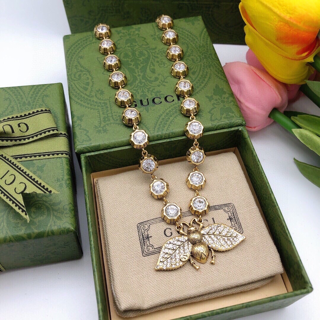 Gucci Gold Bee Crystal Necklace – Statement Piece