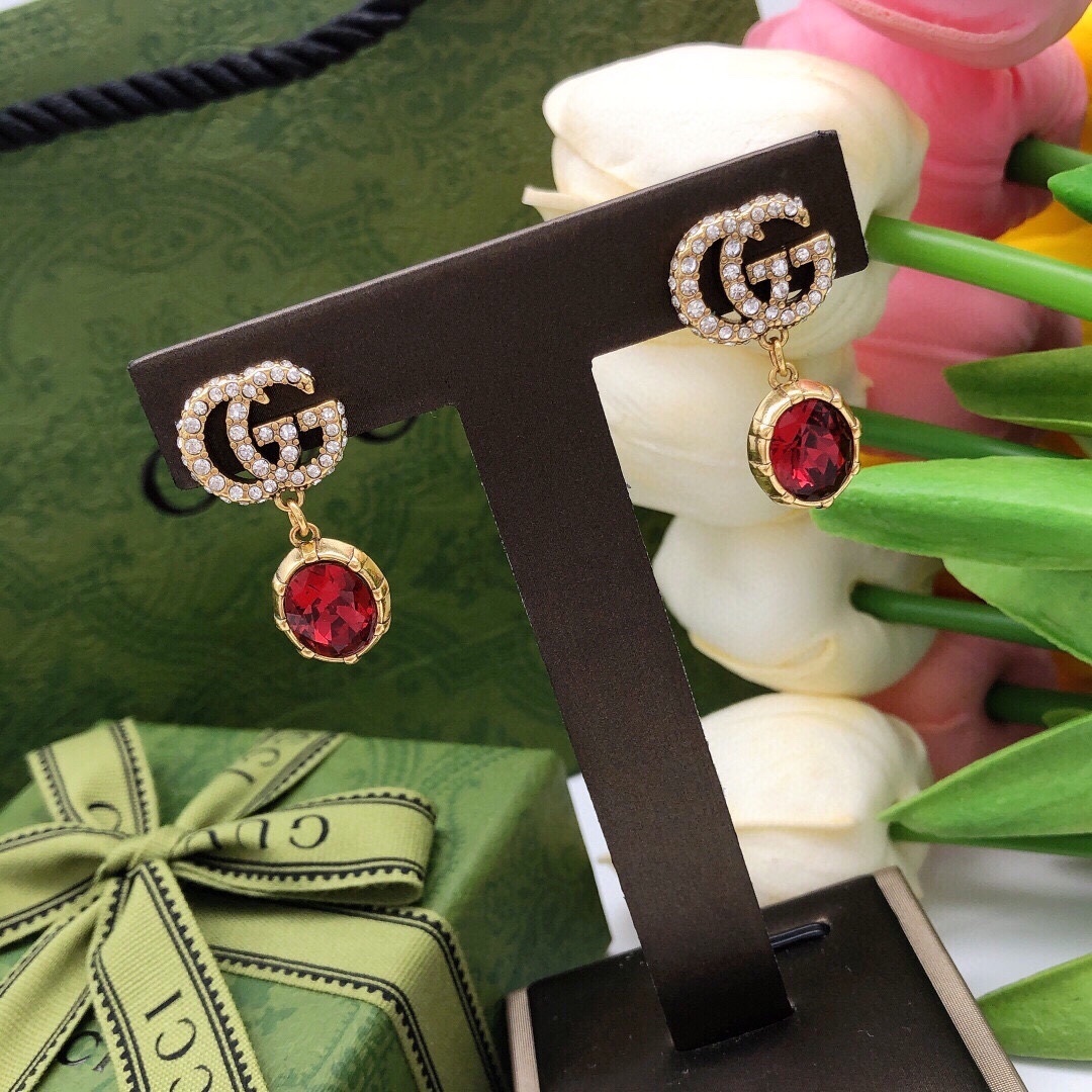 Gucci Gold Red Crystal GG Earrings – Elegant Drop Earrings