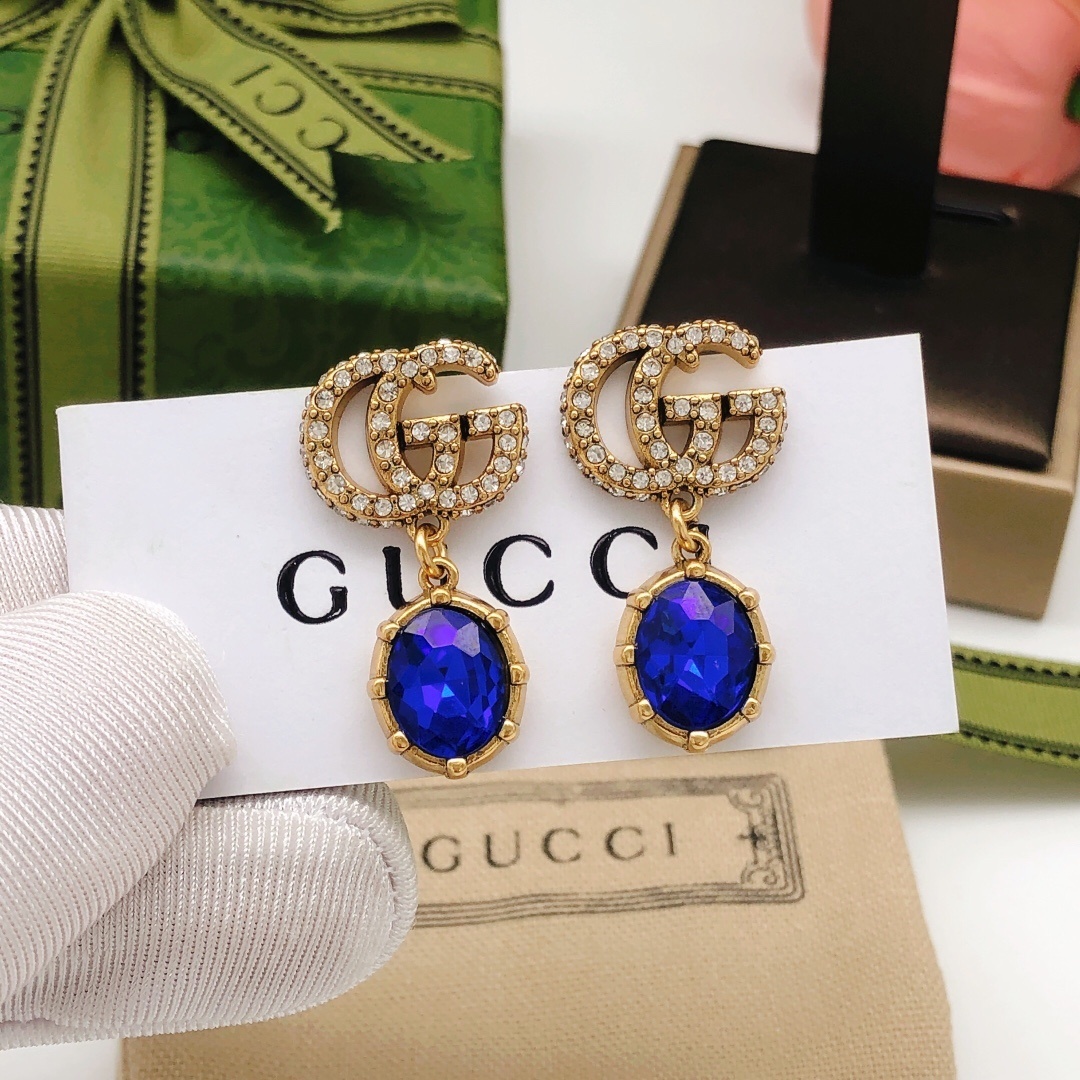 Gucci Gold GG Blue Stone Drop Earrings – Designer Style