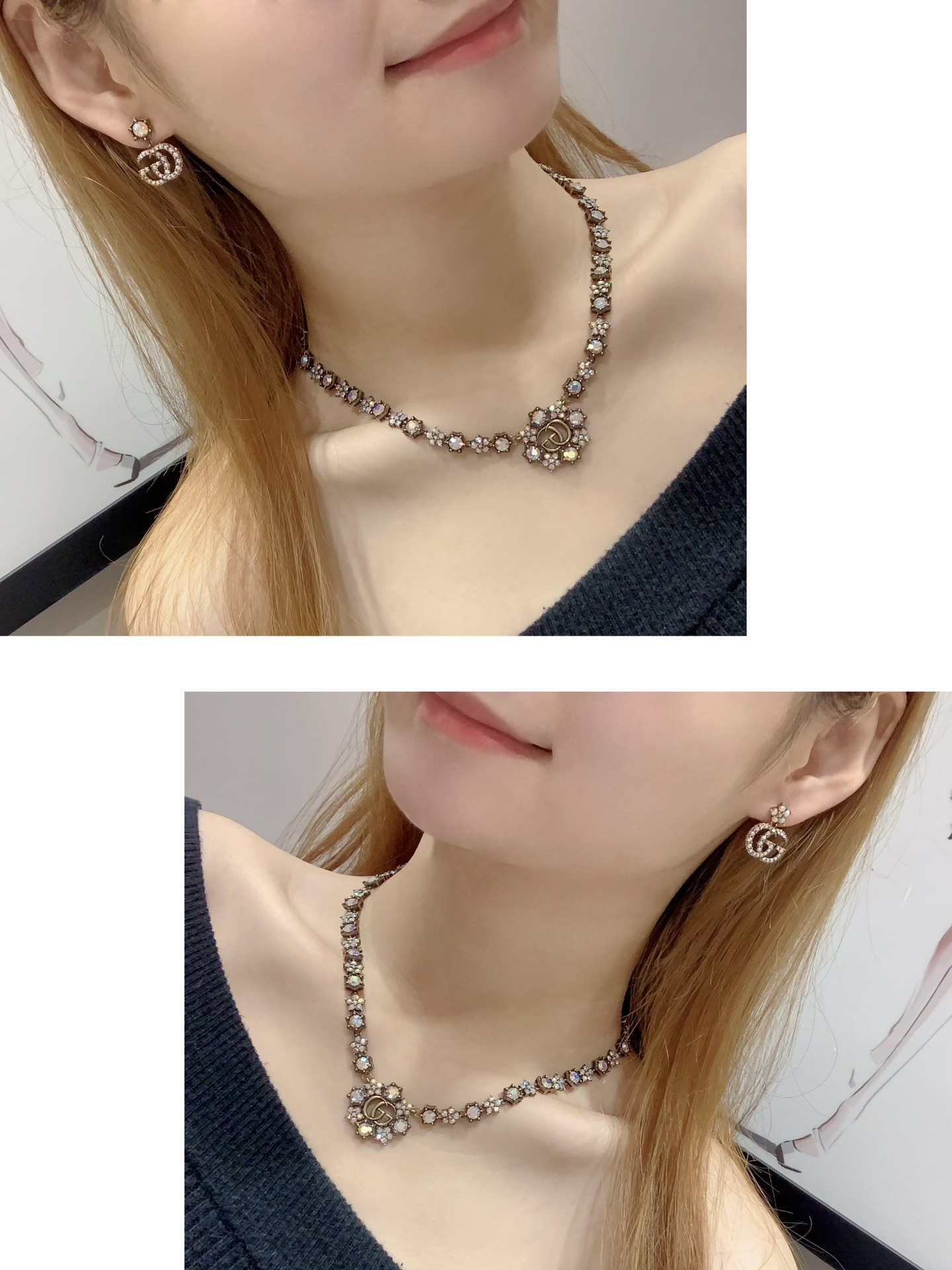 Gucci Crystal Floral Necklace Set – Designer Jewelry