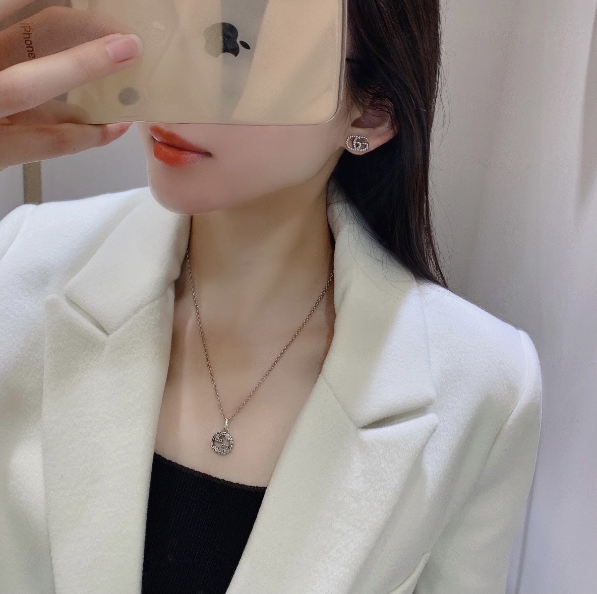 designer Gucci Silver Crystal GG Stud Earrings – Gucci Silver Crystal