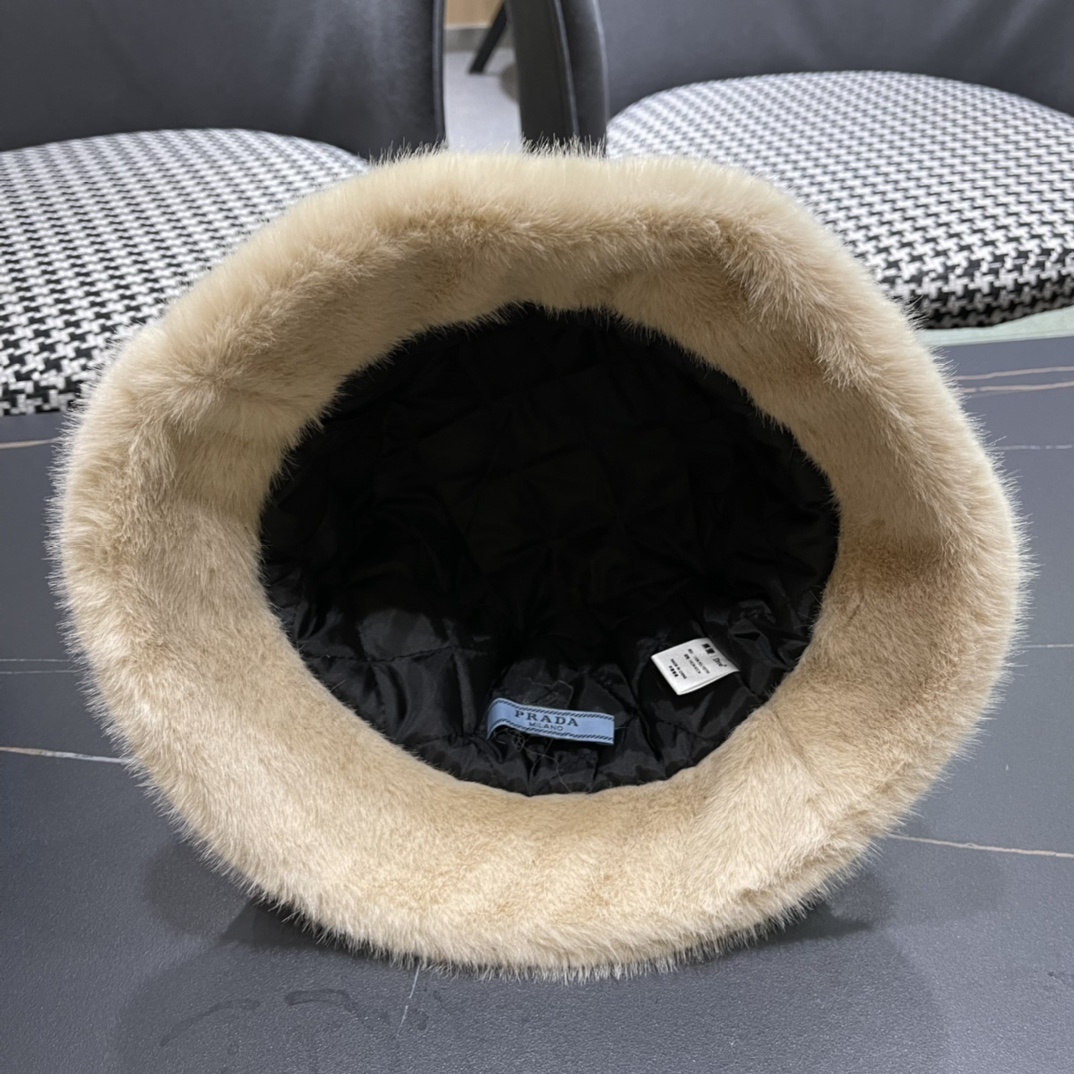 Prada Cream Faux Fur Bucket Hat designer – Prada Cream Faux Fur Bucket
